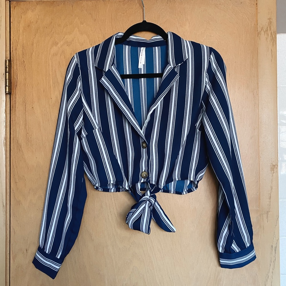 Striped button up blouse with tie